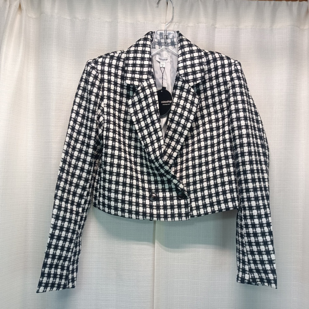 Mittoshop Plaid Tweed Blazer Shorts Set Black White Cropped Suit Womens S Office - Picture 2 of 12